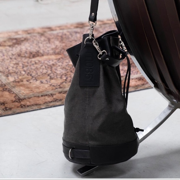 M0851 Black Leather Nylon Bucket Tote Bag - Picture 3 of 6